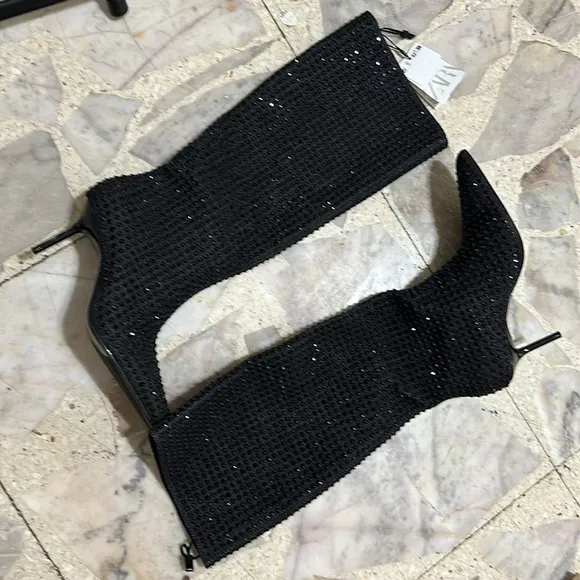 ZARA Rhinestone heeled denim boots 3081/310