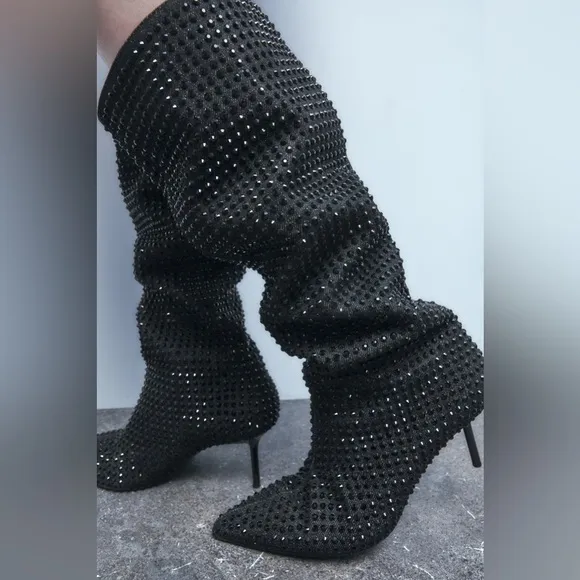 ZARA Rhinestone heeled denim boots 3081/310