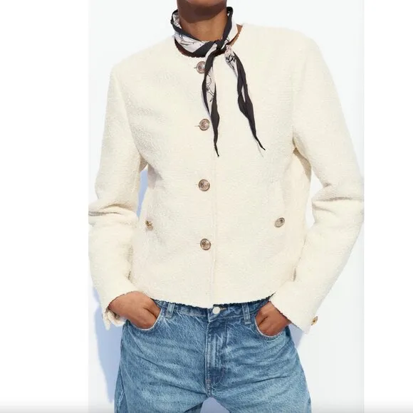 Zara Round Neck Textured Weave Chanel-Like Jacket Ecru NWT