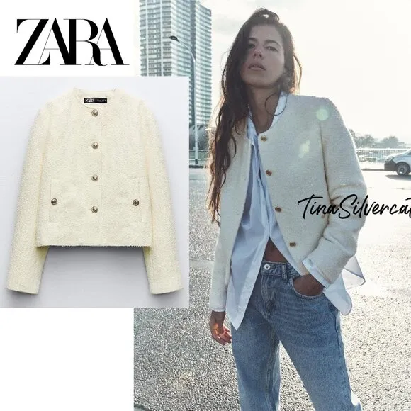 Zara Round Neck Textured Weave Chanel-Like Jacket Ecru NWT