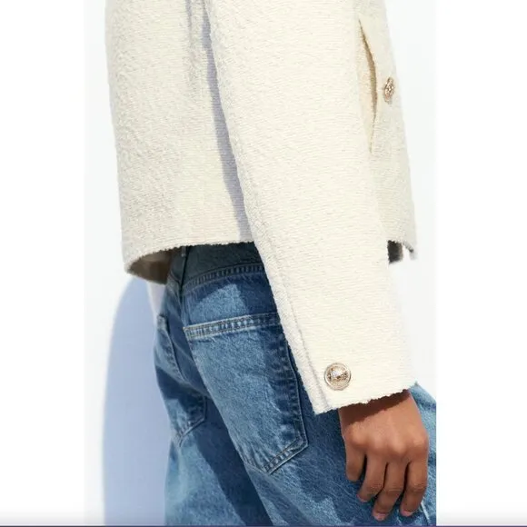 Zara Round Neck Textured Weave Chanel-Like Jacket Ecru NWT