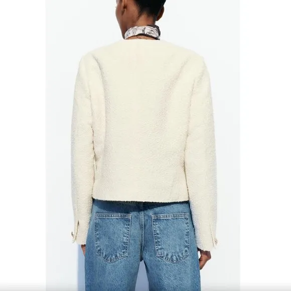 Zara Round Neck Textured Weave Chanel-Like Jacket Ecru NWT