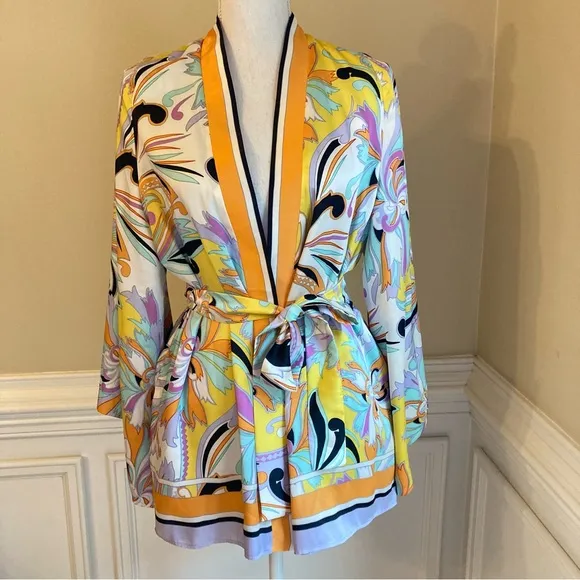 ZARA Scarf Paisley Print Satin Multicolor Purple Orange Kimono Wrap Jacket NWT