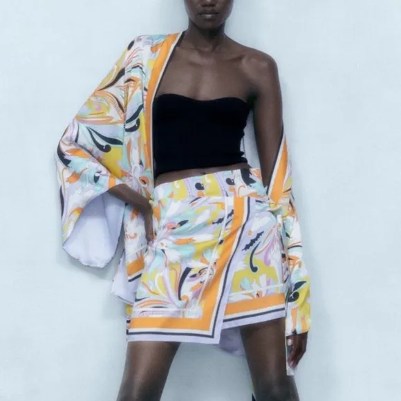 ZARA Scarf Paisley Print Satin Multicolor Purple Orange Kimono Wrap Jacket NWT
