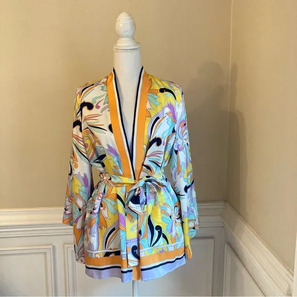 ZARA Scarf Paisley Print Satin Multicolor Purple Orange Kimono Wrap Jacket NWT