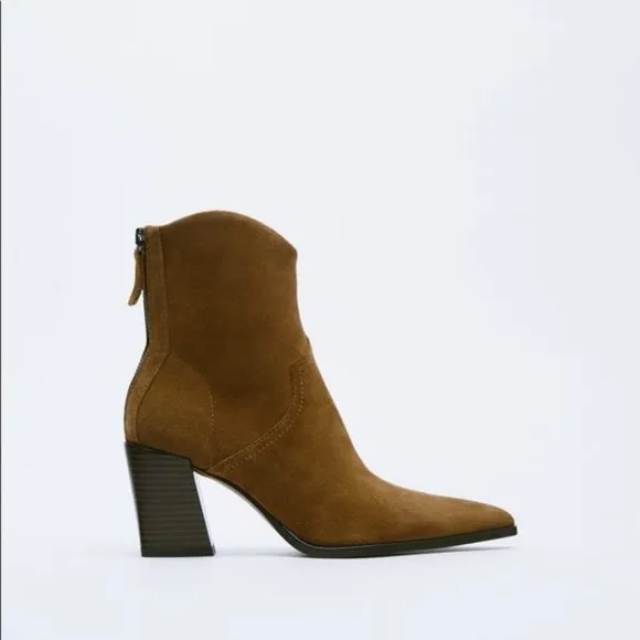 ZARA SPLIT SUEDE HEELED COWBOY ANKLE BOOTS