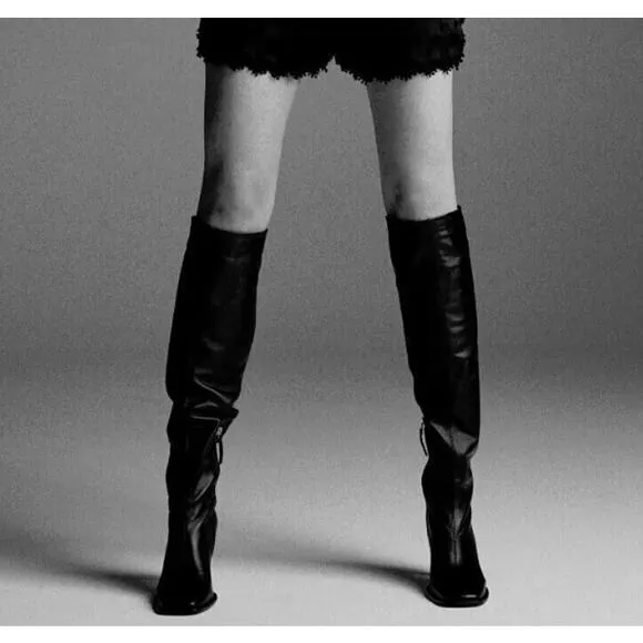 Zara Square Toe Over the Knee High Heeled Leather Boots EU 40 / US 9