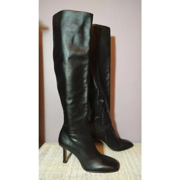 Zara Square Toe Over the Knee High Heeled Leather Boots EU 40 / US 9