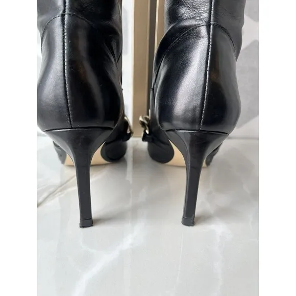Zara Sz 39 8 8.5 Black Heeled Leather Knee High tall Boots With Chain