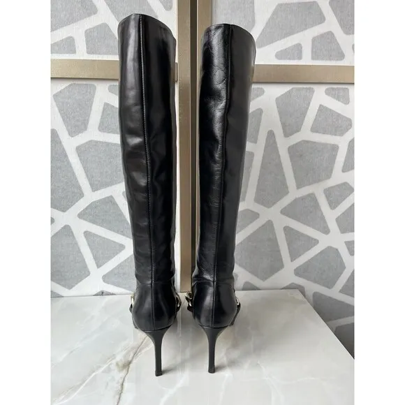 Zara Sz 39 8 8.5 Black Heeled Leather Knee High tall Boots With Chain