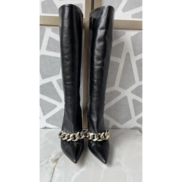 Zara Sz 39 8 8.5 Black Heeled Leather Knee High tall Boots With Chain