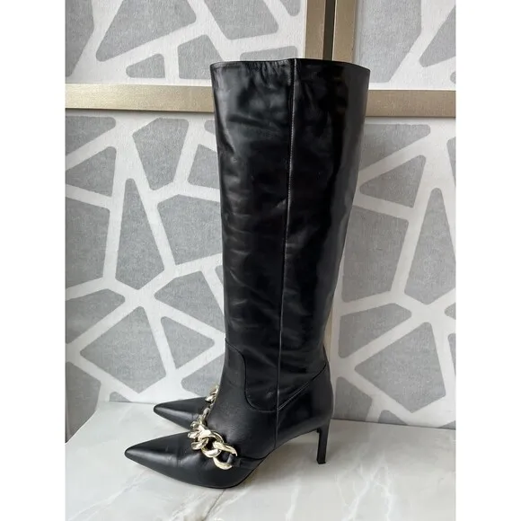 Zara Sz 39 8 8.5 Black Heeled Leather Knee High tall Boots With Chain