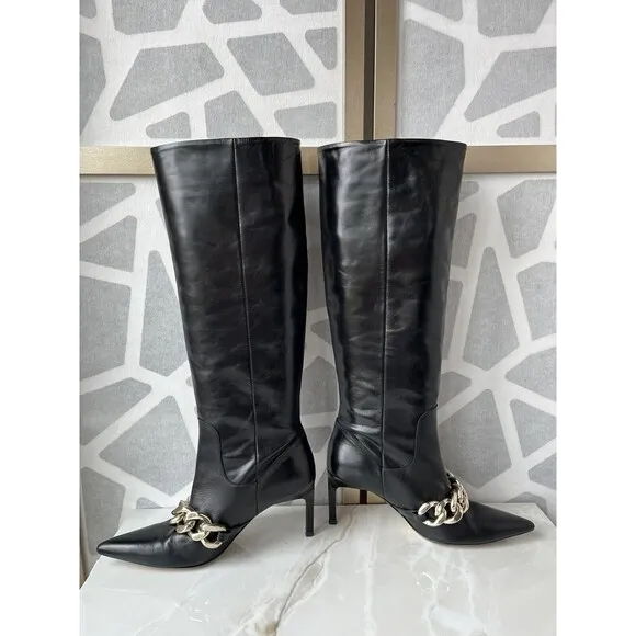 Zara Sz 39 8 8.5 Black Heeled Leather Knee High tall Boots With Chain