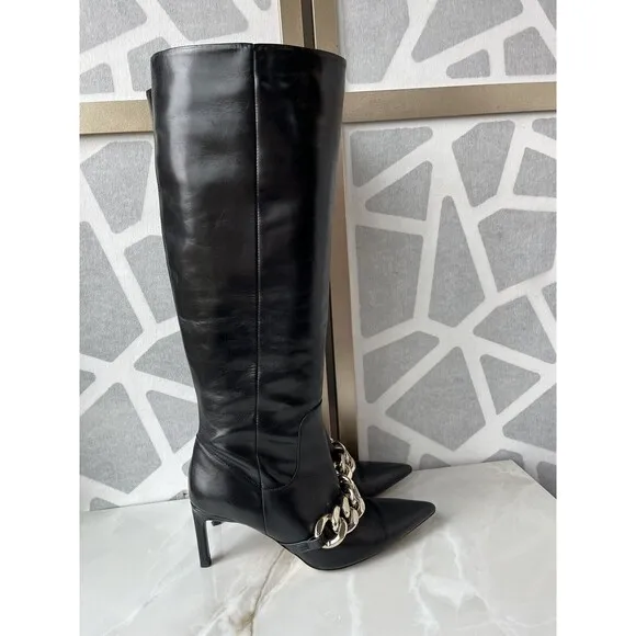 Zara Sz 39 8 8.5 Black Heeled Leather Knee High tall Boots With Chain
