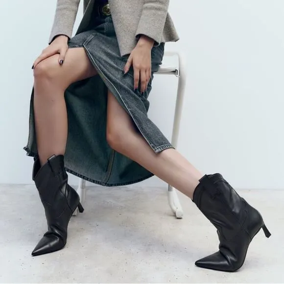 ZARA LEATHER COWBOY HEELED ANKLE BOOTS