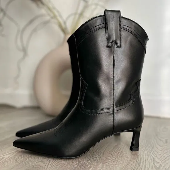 ZARA LEATHER COWBOY HEELED ANKLE BOOTS