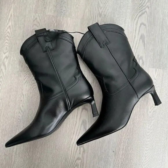 ZARA LEATHER COWBOY HEELED ANKLE BOOTS