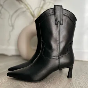 ZARA LEATHER COWBOY HEELED ANKLE BOOTS