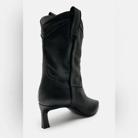 ZARA LEATHER COWBOY HEELED ANKLE BOOTS