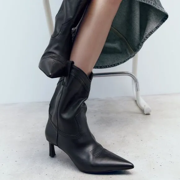 ZARA LEATHER COWBOY HEELED ANKLE BOOTS