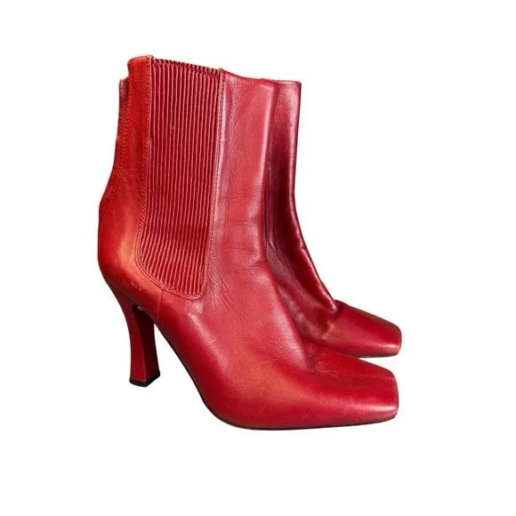 Zara Red REAL Leather High Heel Square toe Boots EU 38 / US 7.5