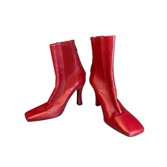 Zara Red REAL Leather High Heel Square toe Boots EU 38 / US 7.5