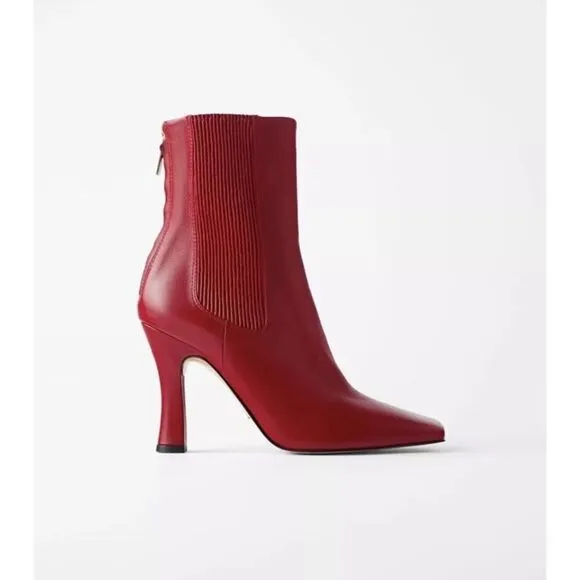 Zara Red REAL Leather High Heel Square toe Boots EU 38 / US 7.5