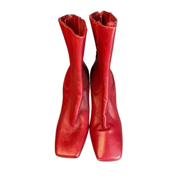Zara Red REAL Leather High Heel Square toe Boots EU 38 / US 7.5