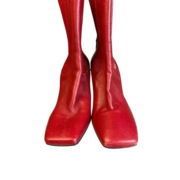 Zara Red REAL Leather High Heel Square toe Boots EU 38 / US 7.5
