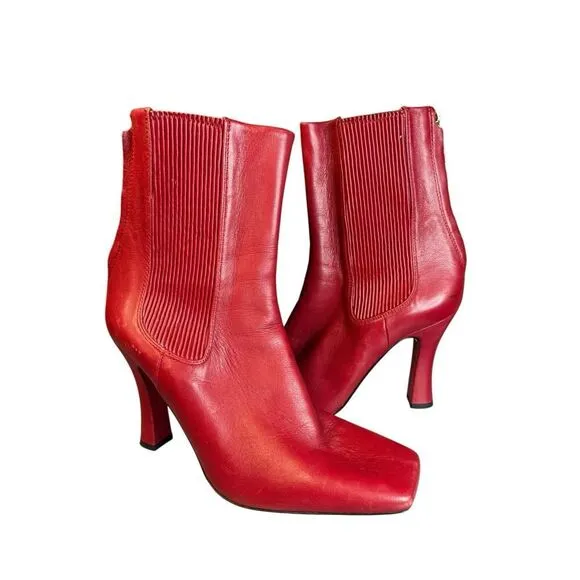 Zara Red REAL Leather High Heel Square toe Boots EU 38 / US 7.5