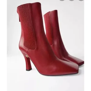 Zara Red REAL Leather High Heel Square toe Boots EU 38 / US 7.5